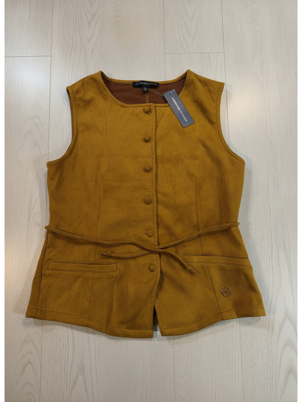 Adrienne Vittadini Mustard Brown Sleeveless Button-Up Vest with Tie Waist